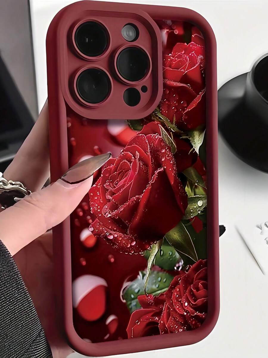 Flower 1pc Wine Red Teardrop Rose Full Coverage TPU Shockproof Phone Case, Compatible With IPhone 16/15/14/13/12/11 Pro Max, Series Waterproof Anti-Fall Scratch Resistant,International Version, Not The Domestic Version - Multicolor - View 1