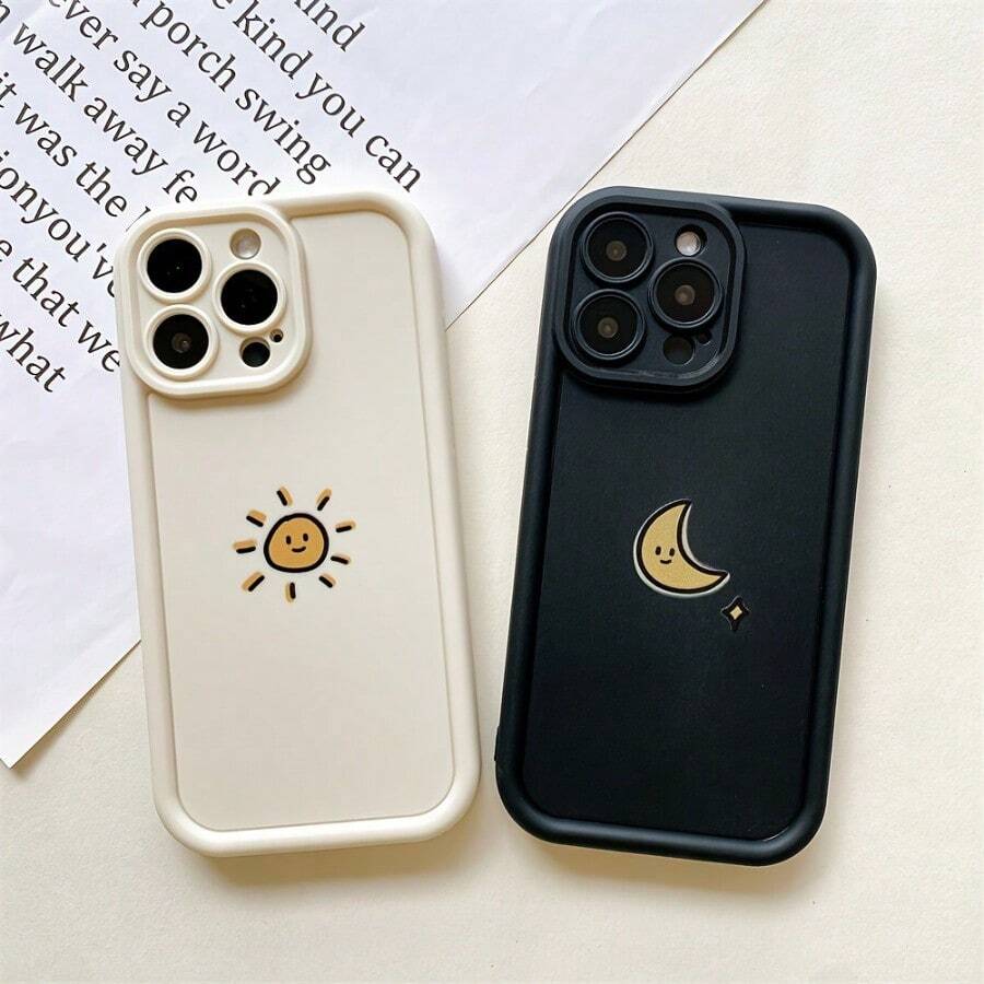 Cartoon Sun Moon Black And White Couple TPU Anti-Drop Mobile Phone Case For 16 15 14 13 12 11 PROMAX PLUS Full Soft Case Anti-Drop XS/ XR/ 7/ 8PLUS/ SE2/ SE3 Couple Simple