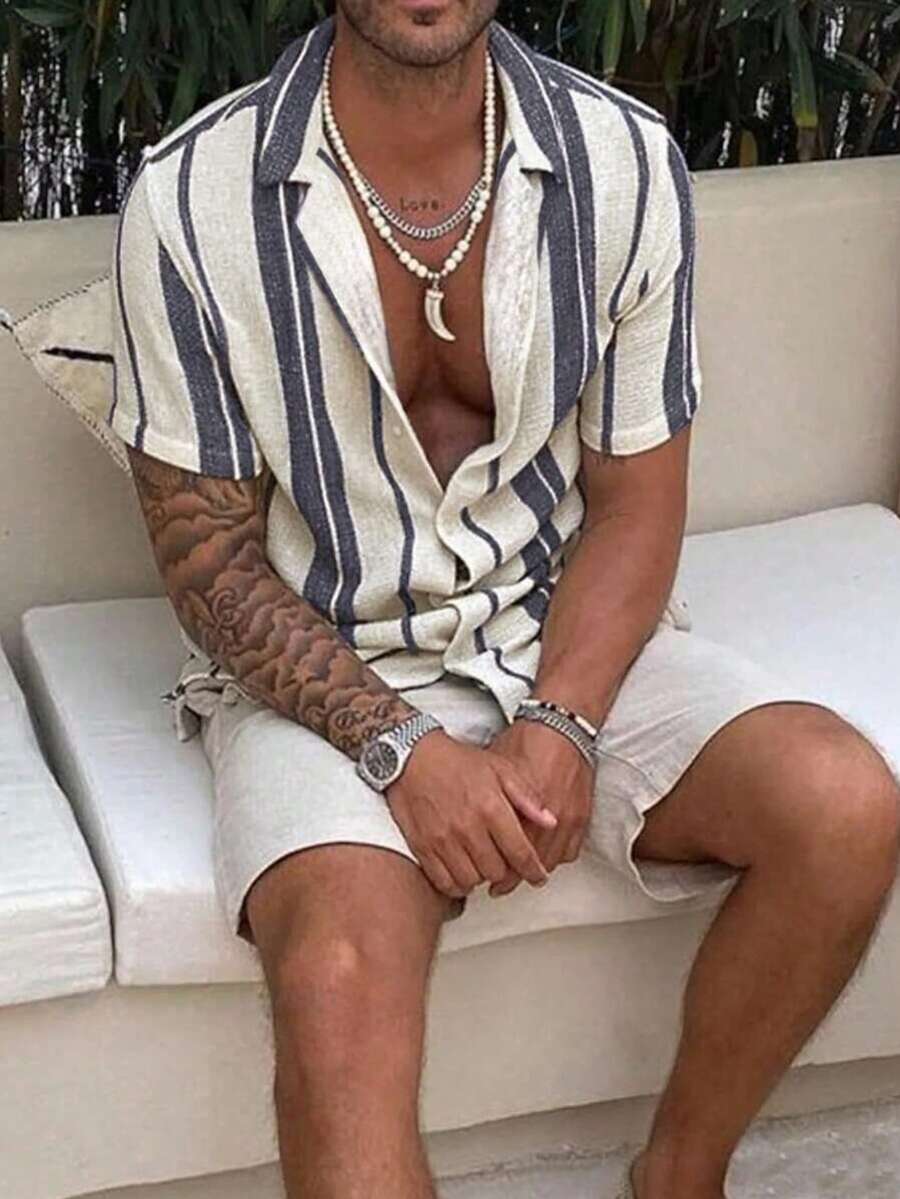 Men's Polo Collar Stripe Short Sleeve Shirt And Shorts Set, Fashion Basic Distinctive Outfit, Suitable For Daily, Outdoor, Sports And Casual Occasions, Executive Suit Required For Men - White - View 1