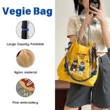 New Women's Crossbody Bag Nylon Shopping Bag Cat Embroidery Lightweight Tote Bag Folding Storage Suitable For Commuting Travel Leisure Outdoor Party Holiday Gifts