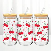 1pc16oz Bow Cherry Multi-Style Glass Cup, Double-Layer Insulated Straw Cup With Wooden Cup Lid, Special Drinking Cup For Girls, Birthday Gift For Girlfriend, Anniversary Gift, Valentine's Day Gift