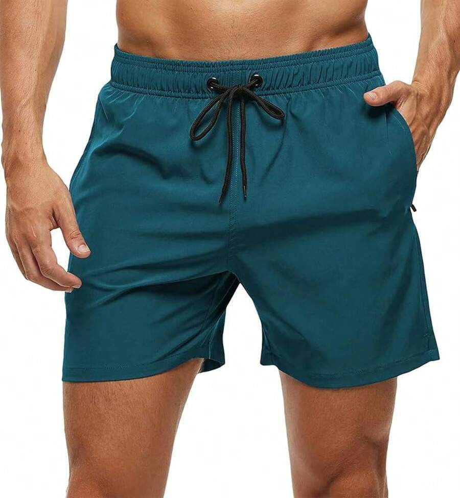 Bañadores para hombres de secado rápido con bolsillos con cremallera y forro de malla - Verde Oscuro - Ver 1