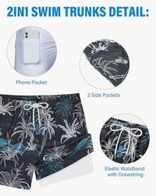 Bañador de hombre con forro de compresión, pantalón corto de baño de 5 pulgadas de entrepierna para hombres - Estampado azul marino - Ver 5