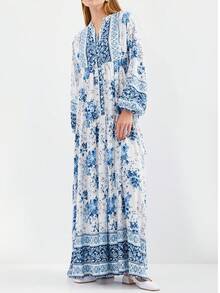 Women's Solid Color Tassel Tie-Front Lantern Sleeve Ruffle Hem Elegant Dress - Turquoise - View 6