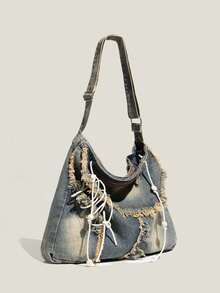 复古超大水洗棉牛仔单肩包，Y2K 复古斜挎包，时尚百搭休闲通勤牛仔斜挎包，不对称系带，木珠装饰，轻便手提包，可调节肩带 - 藍色 - 查看 12