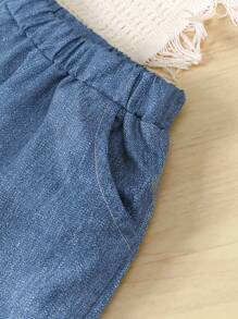 3件套女婴休闲时尚白色双层荷叶袖连衣裙，白色蕾丝边蝴蝶结装饰口袋裤，蓝色长裤套装配斜挎包，公主写真服装，2025秋冬新款 - 白色 - 查看 6