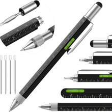 1 szt. 6 w 1 wielofunkcyjny długopis narzędziowy do narzędzi budowlanych, prezentowy długopis narzędziowy, wielofunkcyjny długopis technologiczny z czarnym długopisem kulkowym 1,0 mm, linijka, długopis do pisania ręcznego, poziomica, śrubokręt, spersonalizowane prezenty dla taty lub dla niego, zabawne prezenty na Boże Narodzenie, Dzień Ojca, Walentynki lub urodziny z powrotem do szkoły