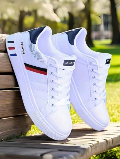 Pantofi de barcă din piele albă pentru bărbați, adidași casual respirabili, pantofi cu punte plată pentru studenți, pantofi casual din piele albă la modă coreeană