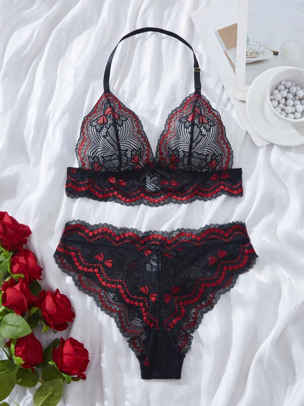 2 Piece Set Sexy Lingerie For Women, Halterneck Backless Bowknot Lace Trim Bra And Panty