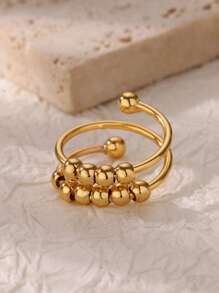 1 pieza Anillo abierto de doble capa con cuentas esféricas de moda para mujer, color dorado, acero inoxidable con diseño geométrico, joyería de fiesta de Hip Hop, regalo