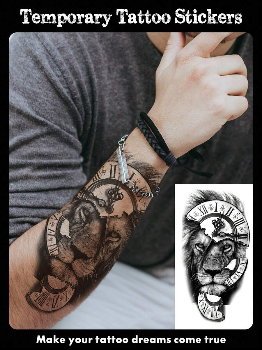 1 张大尺寸人体艺术临时纹身贴纸，男女适用，素描写实风格皇冠玫瑰狮子时钟老虎图案，防水假纹身，持续 2-5 天，遮盖疤痕，可用于手臂手腕肩膀腿腰颈部手胸部大腿手指，闺蜜情侣纹身 - 黑色 - 查看 1