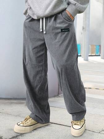 Pantalones casuales sueltos de pana vintage para hombres con bolsillos inclinados - Pantalones deportivos rectos respirables con cordón en la cintura, adecuados para caminar en la ciudad y actividades al aire libre