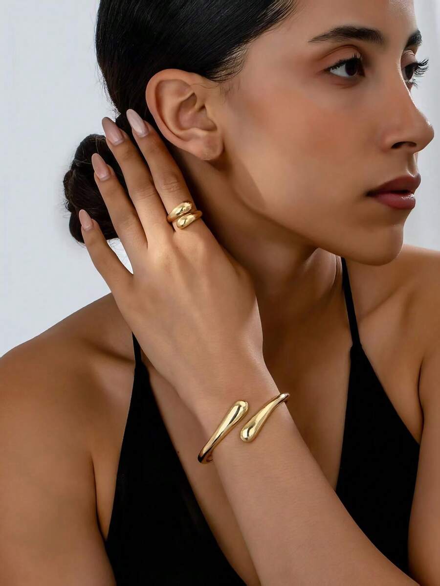 2pcs Minimalist & Elegant Teardrop Shaped Women Jewelry Set, Includes 1 Cuff Bracelet And 1 Open Ring, Suitable For Daily Life And Party Wear, Great Gift For Ladies