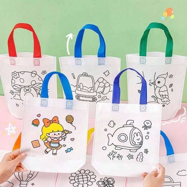 1 conjunto de bolsa de pintura em tecido não tecido com estampa de desenho animado, bolsa de presente pintada à mão para estudantes, bolsa de desenho multiuso para desenvolver talentos de desenho, reconhecimento de cores, coordenação olho-mão, adequada para escola, materiais para professores, presente (Observação: cores/estilos de bolsa e caneta aleatórios)
