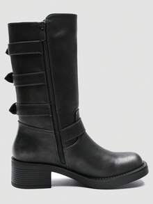 GLOBALWIN Chunky Mid Calf Fashion Dressy Motocycle Biker Military Style Combat Boots For Women Low Heel Fall Boots Halloween Season - 24YY02 仿古銀 - 查看 6