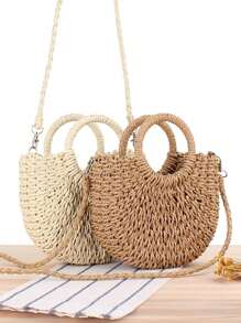 1pc Half-Moon Out Handbag,Simple Style Ins, Half-Circle Straw Bag, Beach Hand-Woven Bag,Fashionable Beach Vacation Straw Woven Bag,Holiday Women's Bag,Vacation Bag For Summer, Perfect For Beach Vacation, Travel, Shopping, And Vacation Essentials