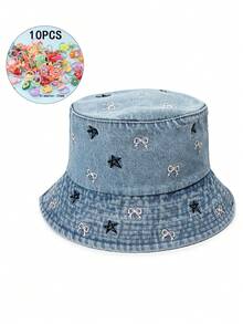 2 件套：1 顶蝴蝶结和星星刺绣渔夫帽 + 10 个随机发圈，全新青年时尚可调节透气旅行必备品，完美的节日礼物 - A - 查看 5