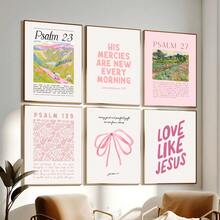 Bộ 6 bức tranh tường nghệ thuật Chúa Jesus Christian Preppy màu hồng không khung in trên vải canvas câu Kinh thánh trích dẫn đầy cảm hứng cho căn hộ, phòng khách, phòng ngủ, trang trí nhà hiện đại - Nhiều màu - Xem 2