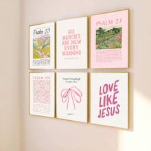 Bộ 6 bức tranh tường nghệ thuật Chúa Jesus Christian Preppy màu hồng không khung in trên vải canvas câu Kinh thánh trích dẫn đầy cảm hứng cho căn hộ, phòng khách, phòng ngủ, trang trí nhà hiện đại - Nhiều màu - Xem 1