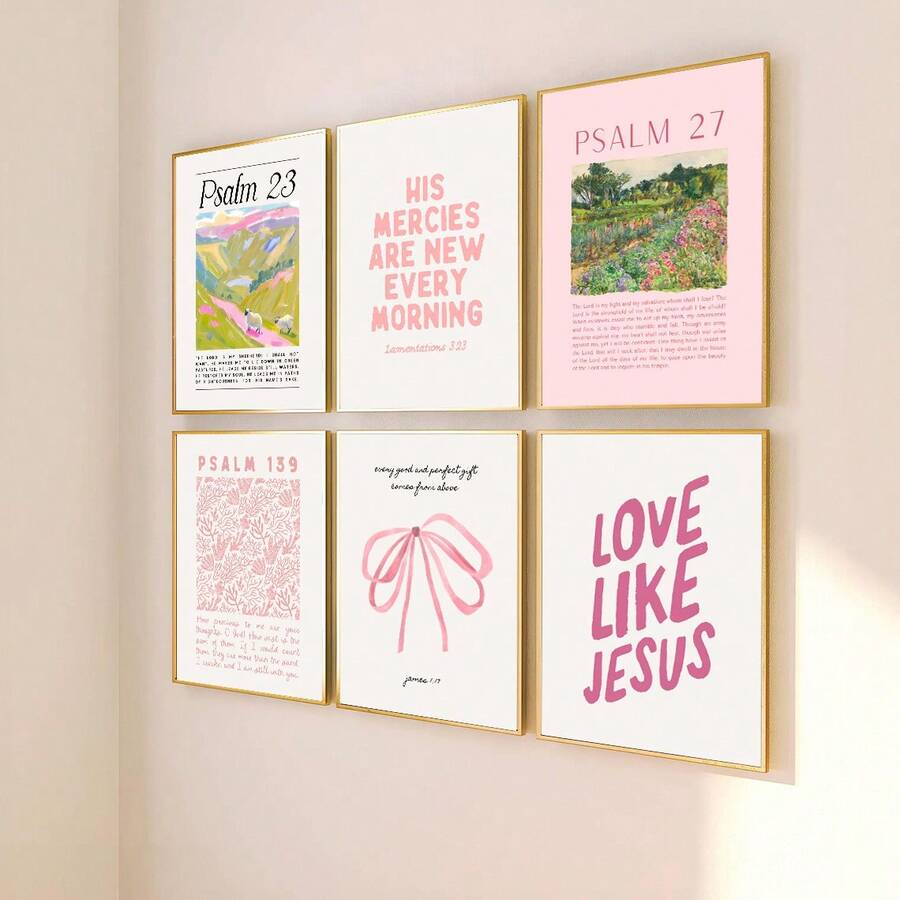 Bộ 6 bức tranh tường nghệ thuật Chúa Jesus Christian Preppy màu hồng không khung in trên vải canvas câu Kinh thánh trích dẫn đầy cảm hứng cho căn hộ, phòng khách, phòng ngủ, trang trí nhà hiện đại - Nhiều màu - Xem 1