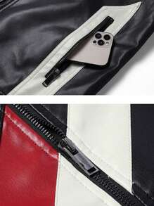 Men's Colorblock Stand Collar PU Leather Jacket, Fashion Biker Motorcycle Jacket, Spring/Autumn