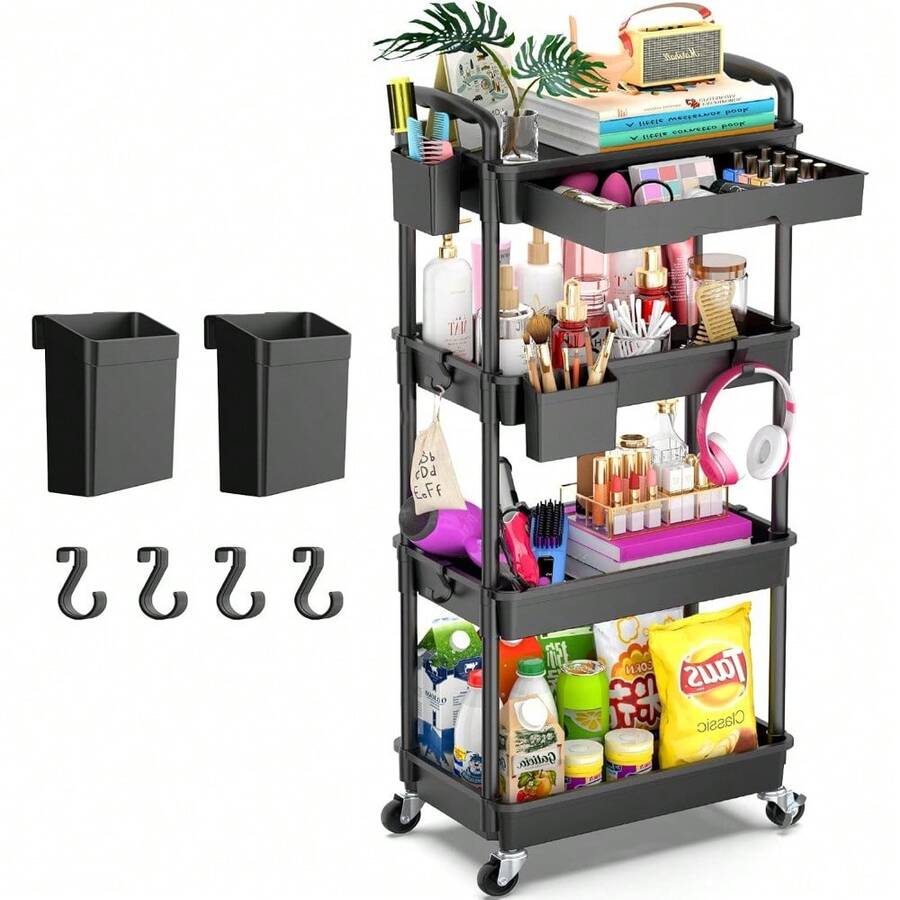 Rolling Practical Cart Storage With Detachable Drawers, Stable And Sturdy Black Rolling Storage Cart With Lockable Wheels, Suitable For Bathroom, Kitchen, Snacks, Crafts, Cosmetics, And Baby Essentials - 4Tier - 查看 1