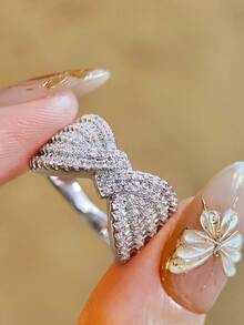 1pc Light Luxury Niche Bow 925 Sterling Silver Rings For Women Simple Finger Rings With Micro-Set Zirconia Unique Row Rings With Niche Designs Daily Life Dating Decor For Prom Party - Bow Ring - View 2