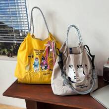 New Women's Crossbody Bag Nylon Shopping Bag Cat Embroidery Lightweight Tote Bag Folding Storage Suitable For Commuting Travel Leisure Outdoor Party Holiday Gifts