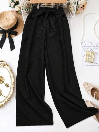 女士纯黑色优雅阔腿裤，夏季休闲条纹宽松长裤