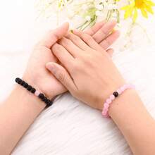 2pcs/Set 8mm Pink, Light Purple, Black & White Handmade Beaded Elastic Couple Bracelets, Gift Card Included For Valentine's Day - Bracelet - View 4