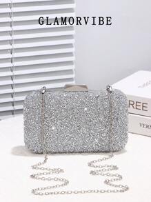 1pc Crystal Decor Evening Clutch Bag For Women, Featuring Gemstone Metal Chain, Shiny Box-Shaped Bag, Perfect For Charming, Bridal Wallet, Wedding, Party, Prom, Nightclub, Birthday Gift, Valentine's Day Gift, Gathering, Crossbody Bag, Handbag, Clutch, Cosmetic Bag