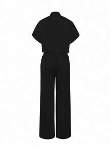 2pcs Women Summer Solid Collarless Short Sleeve Blouse + Elegant Wide Leg Long Pants Set - Black - View 3