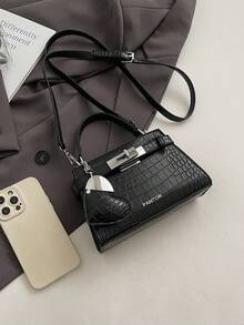 女士迷你鳄鱼纹手提包，新款时尚小方形单肩斜挎包 - 黑色 - 查看 5