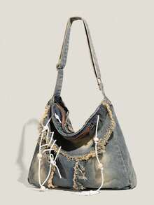 复古超大水洗棉牛仔单肩包，Y2K 复古斜挎包，时尚百搭休闲通勤牛仔斜挎包，不对称系带，木珠装饰，轻便手提包，可调节肩带 - 藍色 - 查看 11