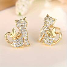 2025 New Women's Fashion Cat Earrings - Shining Synthetic Cubic Zirconia, Nickel-Free Copper Material, Suitable For Daily Wear And Party Gifts