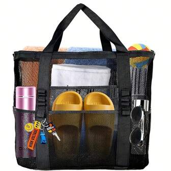 1 Large Mesh Beach Organizer Bag With Zipper And Side Pockets - Portable, Multi-Pocket Storage Tote For Beach And Holiday Essentials, Foldable Mesh Beach Tote, Beach Accessory Bag|Foldable Mesh Bag|Durable Handle Bag, Beach Tote Bag