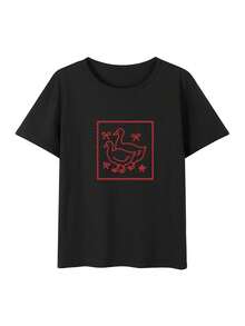 200g Pure Cotton T-Shirt 2025 Summer Ladies New Short Sleeve Pure Cotton Holiday Pattern Short Sleeve Round Neck Couple Wear Small Shirt Tops - 黑色 - 查看 2