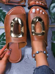 Women's Buckle Flat Sandals, Solid Color Bohemian PU Leather, Casual Sandals For Beach, Wedding, Party, Office, Home, Summer - Brown - View 1