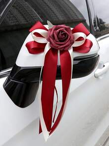 1PC婚车后视镜门把手蝴蝶结装饰欧美复古色车队花，婚礼椅背花车花两用扎花，缎带玫瑰扎花婚庆用品 - 彩色 - 查看 19