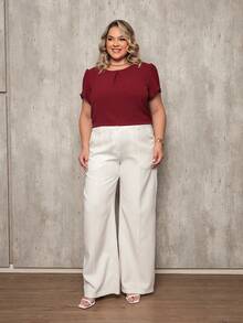 ONLYONE - PLUS SIZE WOMEN'S BLOUSE, SHORT SLEEVE, PRINCESS, PLEATED NECKLINE, LIGHT DUNES - ELEGANT WOMEN'S BLOUSES, LARGE - Redwood - View 5