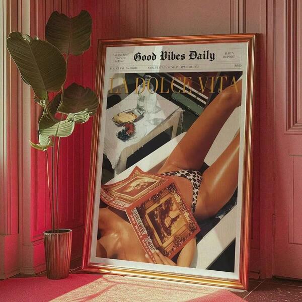 1pc Modern Fashion Retro Newspaper 60s Sweet Life Beach Vibe Posters, Home Decor, Holiday Gift, Office Decor, Great For Room Decoration, Perfect Choice For Living Room And Bedroom Decoration, Indoor, Hallway, Study Room, High Quality Artwork, Bedroom Wall Art, Premium Decorative Painting, Frameless