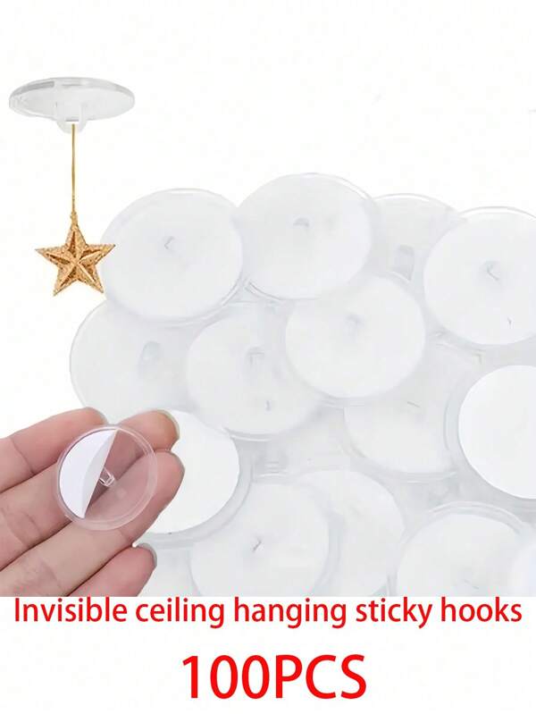 100pcs Mini Transparent Self-Adhesive Hooks, Christmas Party Seamless Hanging Flag Hooks, Wall Organizer Hooks, Party Decor Accessories, DIY Home Decoration Hanging Hooks, Ceiling Hooks