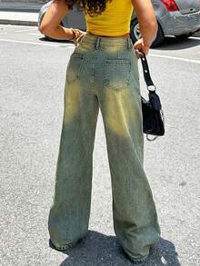 Damen Jeans mit Knöpfen vorne, Taschen und weitem Bein für Lässig-Looks - Helle Waschung - Übersicht 7