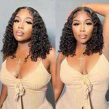13x4 Curly Short Bob Wigs HD Lace Frontal Human Hair Deep Wave Wigs Brazilian Pre Plucked With Baby Hair 200% Density Transparent Lace Wigs For Women Lace Front Wigs Natural Black Color - Natural Black - 查看 6