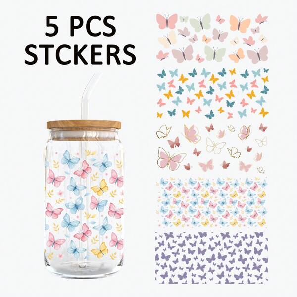 5 adesivos coloridos de borboleta UV DTF para copos, adesivos de cristal 3D à prova d'água e resistentes a arranhões, adequados para copos de vidro de 473 ml, canecas e artesanato, ótimos para decorar itens pessoais! (11,9 cm x 23,9 cm)