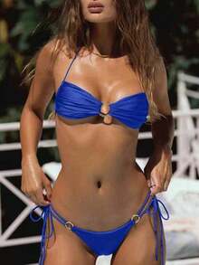Women's Solid Color O-Ring String Tie Up Bikini Swimsuit Cheeky Thong Swimwear Two Pieces Bathing Suit - 藍色 - 查看 4