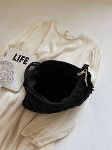 1个纯色波西米亚风编织单肩斜挎包，时尚编织小方包，适合海滩度假、街头购物，是海滩度假、旅行和假日的理想之选，吸睛的夏季沙滩包，波西米亚风女装 - 黑色 - 查看 5