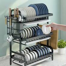 High-Quality Carbon Steel Three-Tier Dish Rack With Drainage And Separation For Dry And Wet Ware, Includes Utensil Holder, Cutting Board Holder, Bowl Holder, Cup Holder, And Drainage Pipe, Black Metal With White Accents,Perfect For Kitchen Storage