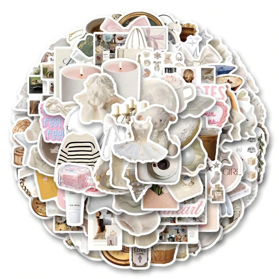 100 张/包可爱迷人的白色和紫色浪漫花园复古美学贴纸，可爱的卡通趣味美学贴纸包，适用于剪贴簿、自粘文具、信封、吉他、乐器装饰、青年派对、奖项、激励、新年、冬季 - 白色 - 查看 1