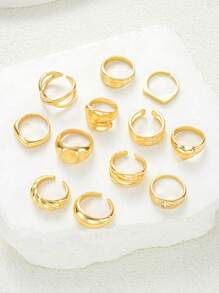 12pcs Chunky Heart Textured Wavy Criss-Cross Minimalist Plain Ring Set With Crystal Rhinestone, Metallic Chunky Oversized Rings Collection, Fashionable Elegant Vintage Design For Holiday Party, Gift, Daily Wear